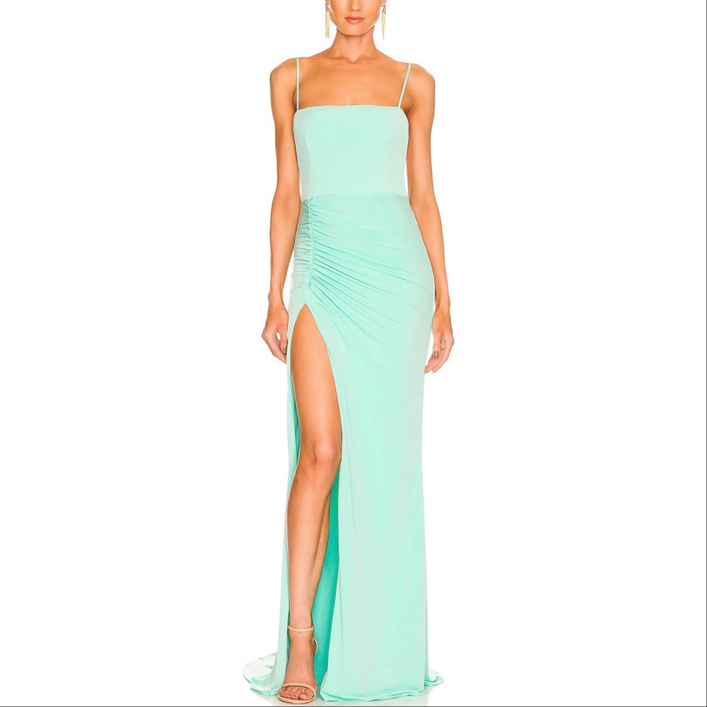 Katie May Great Kate Ruched Open Back Slit Gown